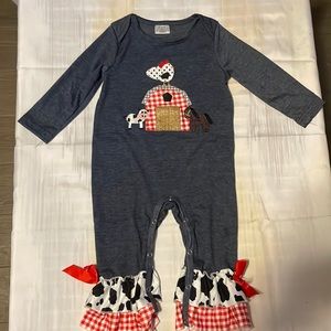 New Never been worn Baby girl blue farm onesie. 6-12 Months